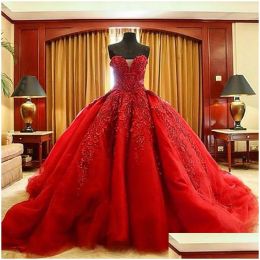 2023 Dark Red Ballgown Wedding Dresses Bridal Gown Sweetheart Neckline Sequins Applique Tulle Satin Sweep Train Custom Made Plus Size Vestido De Novia