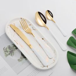 Flatware Sets 4Pcs White Gold Stainless Steel Cutlery Tableware Set Dinnerware Dinner Travel Forks Knives Spoons Silverware