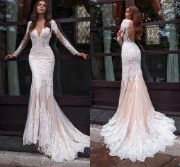 Gorgeous Lace Tulle Mermaid Wedding Dresses Illusion Long Sleeve Backless Bridal Gowns With Button Back Custom Made vestidos 2023