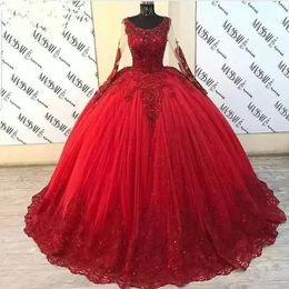 2023 Quinceanera Ball Gown Dresses Scoop Neck Illusion Dark Red Lace Appliques Crystal Beads Long Sleeves Floor Length Corset Back Plus Size Prom Evening Gowns