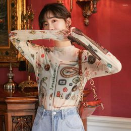 Women's T Shirts 2022 Mesh Shirt Women Spring Autumn Vintage Long Sleeve Graphic Print Ladies Thin Tops Korean Aesthetic Clothes Chemise