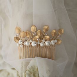 Wedding Bridal Gold Leaf Hair Comb Pearl Crown Tiara Crystal Rhinestone Headpiece Party Prom Head Accessories Ornament Gold Bling Headdress