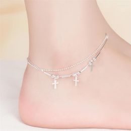 Anklets KOFSAC Fashion Jewellery 925 Sterling Silver For Women Cross Double Chain Ankles Bracelets Lady Birthday Gifts