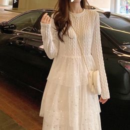 Casual Dresses White Knitted Women Dress Elegant Ruffled Sequins Splicing Vestido Spring Autumn Lady Club Party Long Sleeve Maxi Femme Robe