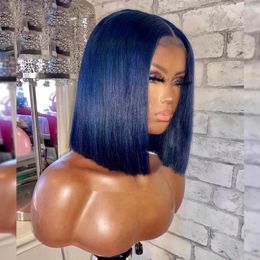 Short Bob Wig Straigtht Dark Blue Hair Lace Front Human Wigs For Black Women Made Remy Brazilian Pre Plucked