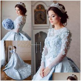2022 Light Blue Ball Gown Wedding Dresses Bridal 3D Floral Jewel Neck Beaded Lace Applique Long Sleeves Custom Made Plus Size Vestidos De Novia 401 401