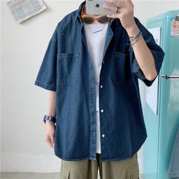 Men's Casual Shirts Denim Male Harajuku Shirt For Men Korean Oversized Streetwear Short Half Sleeve Vintage Fashion