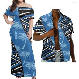 Vestidos informales Hycool HD Tropical Coconut Pint Royal Blue Vestido Hawaiano Polinesia Tribal Pareja ropa fuera de hombro Long Summer