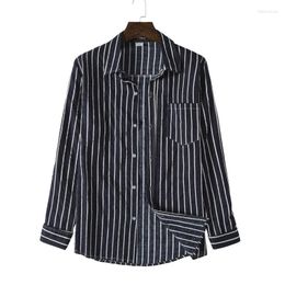 Men's Casual Shirts 2022 Hawaiian Mens Long Sleeve Black Pinstripe Printed Lapel Chest Pocket Men Button Up Shirt Male Blouse