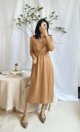 Casual Dresses Wool-Knitted Midi Dress Women's French Cutout Solid Color Round Neck Long Sleeve Sweater 2022 Early Autumn