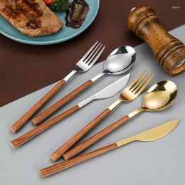 Dinnerware Sets Stainless Steel Long Wooden Handle Tableware Steak Knife Dessert Spoon Fruit Fork Cutlery Set Kitchen Utensils