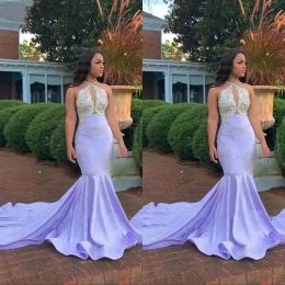 Lavender Mermaid Prom Dresses Sexy Halter Neck Appliques Sequined Top Long Train Party Evening Gowns African Black Girls Graduation Wear