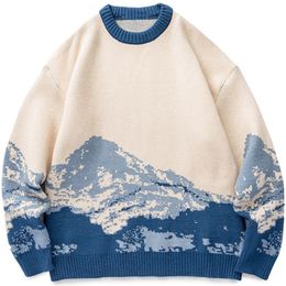 QNPQYX Inverno Hip Hop Streetwear Harajuku Uomo Maglione Vintage Stile Giapponese Snow Mountain Maglione Lavorato a Maglia Pullover Casual Maglieria