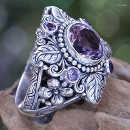 Party Favour Sterling Silver Vintage Thai Colour Flower Leaf Shaped Big Crystal Ring For Woman With Purple Stone Amethyst