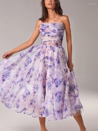 Casual Dresses Purple Floral Prints Slip Chiffon Midi Dress Summer Sexy Slim Sweet Party For Women 2022 Drop & Wholesale No.424