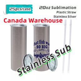 Canada Warehouse 20oz Non-Subliamtion Skinny Tumblers silver Straight Stainless Steel Insulation Vacuum With Lids & plastic Straws drinking cups B5