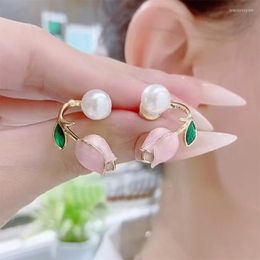 Stud Earrings Elegant Pink Enamel Tulip Pearl For Women Sweet Exquisite Charm Earing Party Wedding Jewelry High Quality