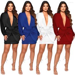 Casual Dresses 2022 Elegant Commuter Dress Nightclub Slim Fit Sexy Women Clothing Solid Colour Autumn Deep V-neck Girl Hip