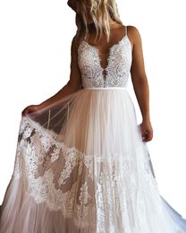 Bohemian Lace Bridal Wedding Dress 2023 A-Line Spaghettti vestidos de novia Sweep Train Garden Castle Beach robe de mariee Open Back Boho Bohemia Sleeveless