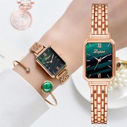 Lvpai Brand Watch For Women Luxury Square Ladies Wrist Watch Bracelet Set Green Dial Rose Gold Chain Female Clock Reloj Mujer225U