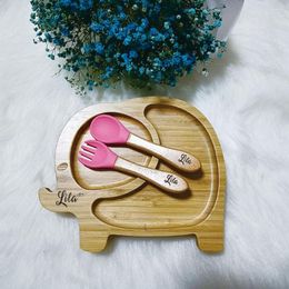 Party Supplies Custom Baby Cute Elephant Tray Feeding Silicone Suction Cup Non-Slip Natural Wooden Cutlery Set Gift Boy Girl