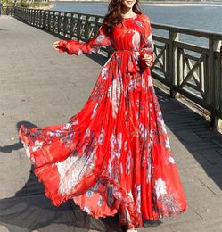 Ethnic Clothing 2022 Muslim Boho Vintage Red Print Chiffon Beach Maxi Dress Spring Autumn 4XL Plus Size Long Sleeve Women Elegant Party