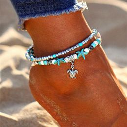 Anklets Tortoise Design Double Layer Pendant Anklet For Woman 2022 Geometric Bracelet Charm Bohemian Jewellery Summer Party Gift