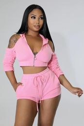 Women's Tracksuits LFRVZ 2023 Solid Simple Young Sexy Daily Backless Hooded Off Shoulder Cloth Short Pants Skinny Women 2 Piece Set