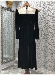 Casual Dresses Top Quality 2022 Autumn Winter Dress Women Tulle Mesh Beading Deco Long Sleeve Mid-Calf Length Black Velvet Vestidos