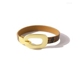 Bangle Top Quality Gold Colour Stainless Steel Simple Clasp Style Leopard Pattern PU Leather Bracelets For Women Fashion Jewellery