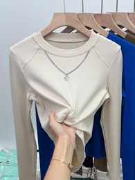 Women's T Shirts Ribbed Neck Chain Shirt Green Women Spring Ladies Clothes Solid Slim Sexy Cropped Long Sleeve Tops 2022