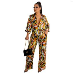 Women's Two Piece Pants Zabrina2 Two-piece Set Club Printed Lapel Long Sleeve Shirt Tops Trousers Female Clothes Casual Women's