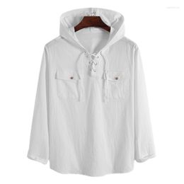 Men's Casual Shirts Mens Designer Plain White With Pocket Men Clothing Long Sleeve Lace Up Hooded Henley Shirt