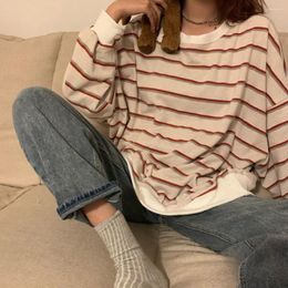 Women's Blouses Classic Pullover Blouse Elastic Autumn T-shirt O-Neck Korean Style Striped Print Women Versatile