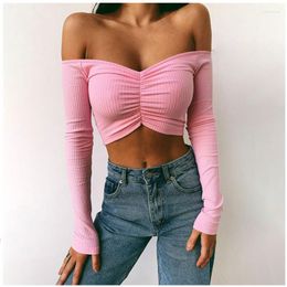 Women's T Shirts Long Sleeve Top Autumn T-Shirts Woman Ruched Slim Clubwear Solid Tee Women Off Shoulder Sexy V Neck