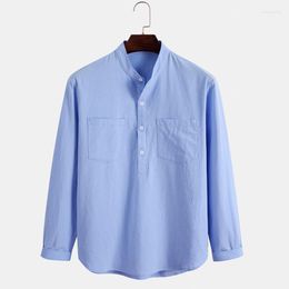 Men's Casual Shirts Men's Long Sleeve Cotton Shirt Mandarin Collar Breathable Comfy Traditional Front Pocket Blue Henley