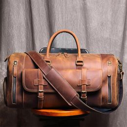 Duffel Bags Vintage Crazy Horse Genuine Leather Travel Bag Large Luggage Duffle Carry On Weekend Tote Handbag Clothes