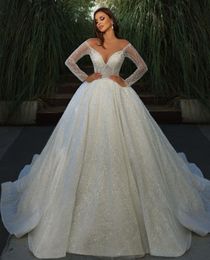 Luxury Lace Ball Gown Wedding Dresses V Neck Long Sleeves Full Beads Applique Sequins Ruffles Sparkly Beaded Wedding Dress African Plus Size Bridal Gowns Custom Made