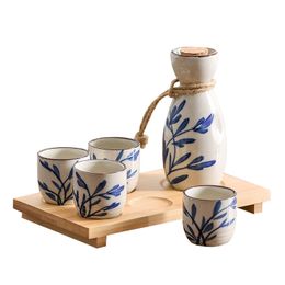 5 Piece Blue Leaves Ceramic Japanese Sake Drinkware Set with 1 Tokkuri Bottle Carafe 4 Ochoko Cups and Bamboo Serving Tray