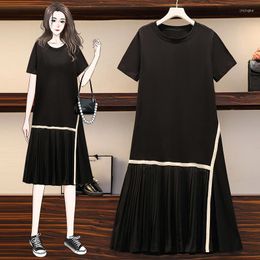 Casual Dresses Dress Women Ladies Patchwork Striped Pleated Loose O-Neck Long Vestidos Female 2022 Summer Vintage Black T-shirt Robes