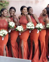 Bridesmaid Satin Dresses Halter Orange Dark Mermaid Floor Length Beach Side Slit Plus Size Wedding Guest Gowns Custom Made Formal Evening Wear