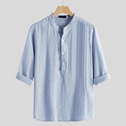 Men's Casual Shirts Fashion Men's Summer Simple Linen Shirt Male Button Cotton Short Sleeve Henry Collar Striped Blouse Tops