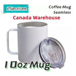 Canada Warehouse 10oz Sublimation Car Mugs Stainless Steel Insulated Seamless Coffee Tumblers with Lid & Handle DIY Portable Travel Water Bottle B5