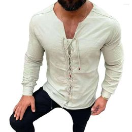 Men's Casual Shirts Fashion Camisa Masculina Mens T-Shirt Long Sleeve String V Neck Blouse Loose Thin Tops Men Plus Size Ripped