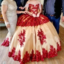 Red Champagne Quinceanera Dresses Lace Applique Beaded Tulle Off The Shoulder Ruffles Floor Length Sweet 16 Birthday Party Prom Ball Formal Evening Vestidos 403 403