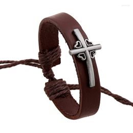 Link Bracelets Fashion Vintage Leather Handmade Cross Heart Charm Bracelet Bangles Cuff Men Women Pulsera Valentine Gift Jewellery E444