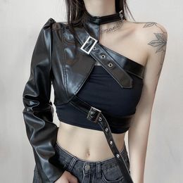 Women's T Shirts Streetwear Cropped Jackets Gothic Black PU Leather Jacket Women One Shoulder Halter Buckle Hip Hop Outfits Fashion Solid