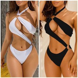 Women's Swimwear Solid Hollow Out One Piece Swimsuit For Women Mid Waist Summer Beach Bathing Suit Female Backless Halter Neck Bikinis