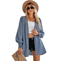 Women's Blouses Women Chic Spring Autumn Holiday Shirt Leopard Print Casual Loose Ins Tops Lantern Sleeve Kimono Open Front Tunic