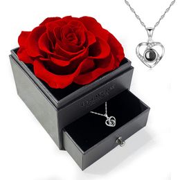 Eternal Flower Decorative Acrylic Jewellery Real Rose Drawer Gift Box Valentine's Day Christmas Gift without Necklace Ring